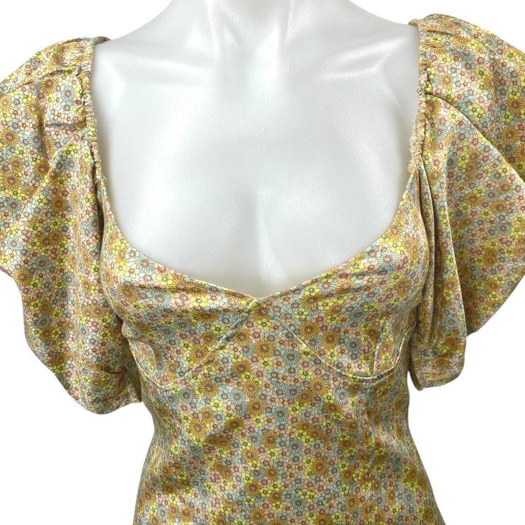 Zara Yellow Floral Silk Satin Short Puff Sleeve Bustier Mini Bodycon Dress Sz M