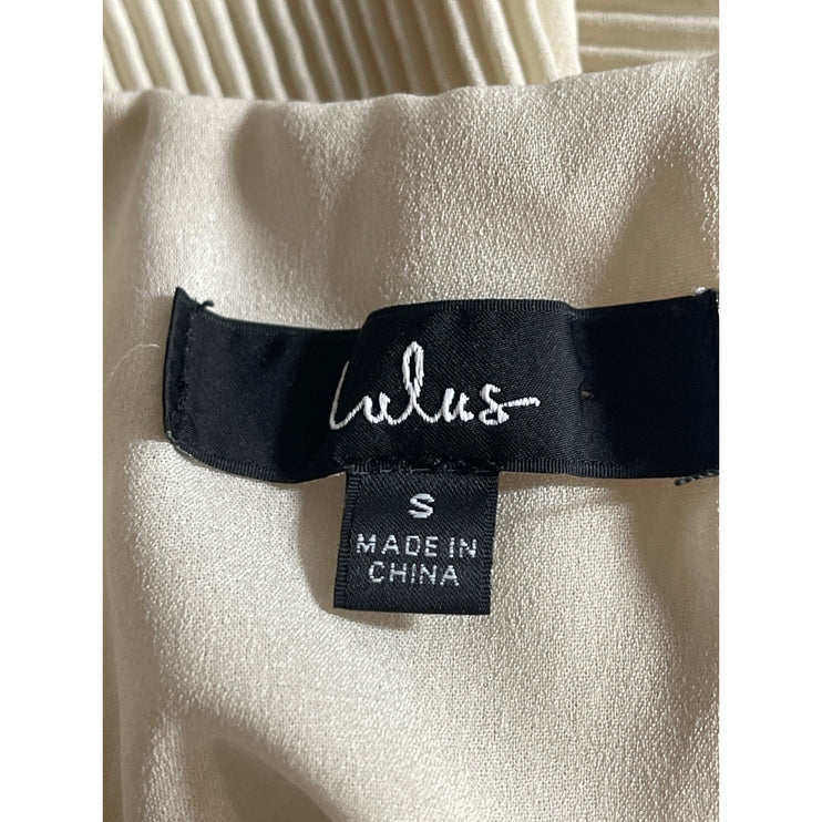 Lulus Women's Beige Short Sleeve Ribbed Knit V Neck Boxy Loose Blouse Top Size S
