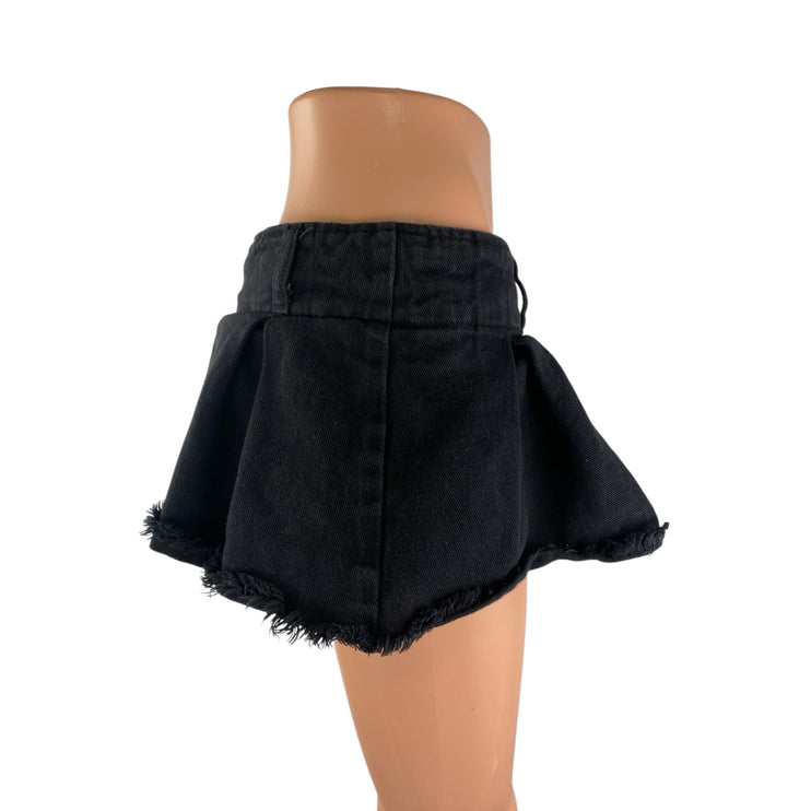 Edikted Black Denim Pleated Raw Frayed Hem Micro Mini Flare A-Line Skirt Size M