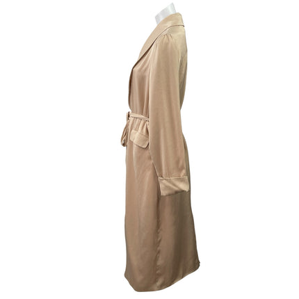 Neon Rose Gold Silk Satin Shawl Collar Tie Belt Long Sleeve Trench Coat Jacket M