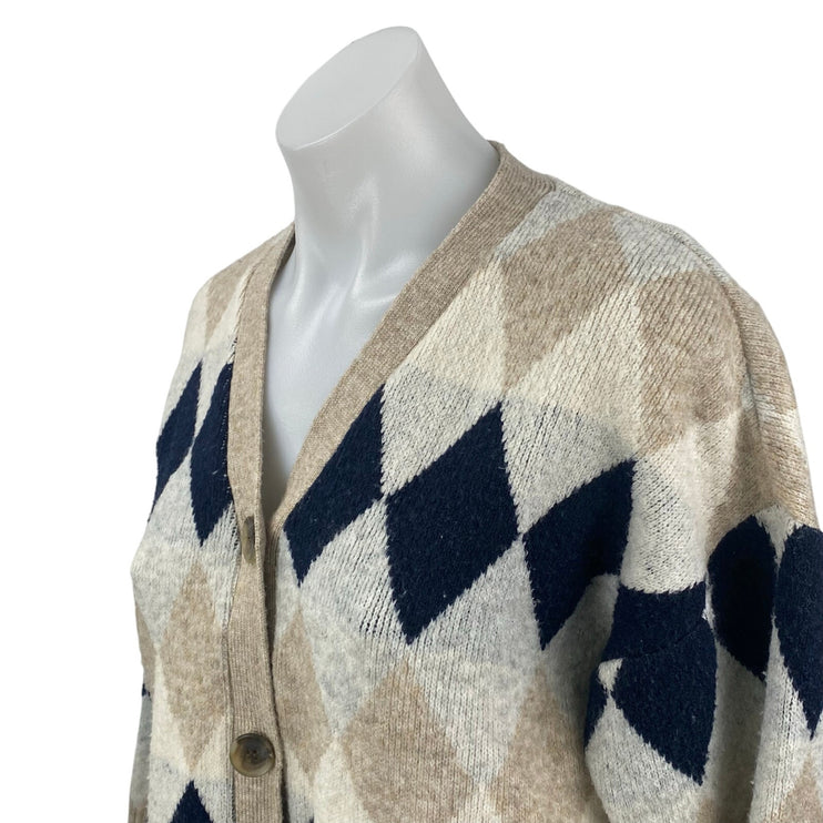 Zizae Women's Beige Argyle Diamond Long Sleeve Button Up Cardigan Sweater Size M