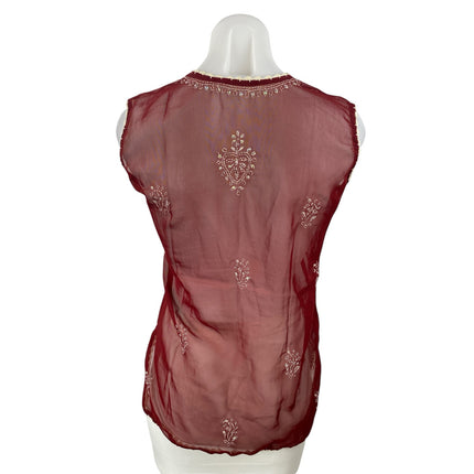 Women's Maroon Embroidered Paisley Mesh Sheer Sleeveless Tank Blouse Top Size S