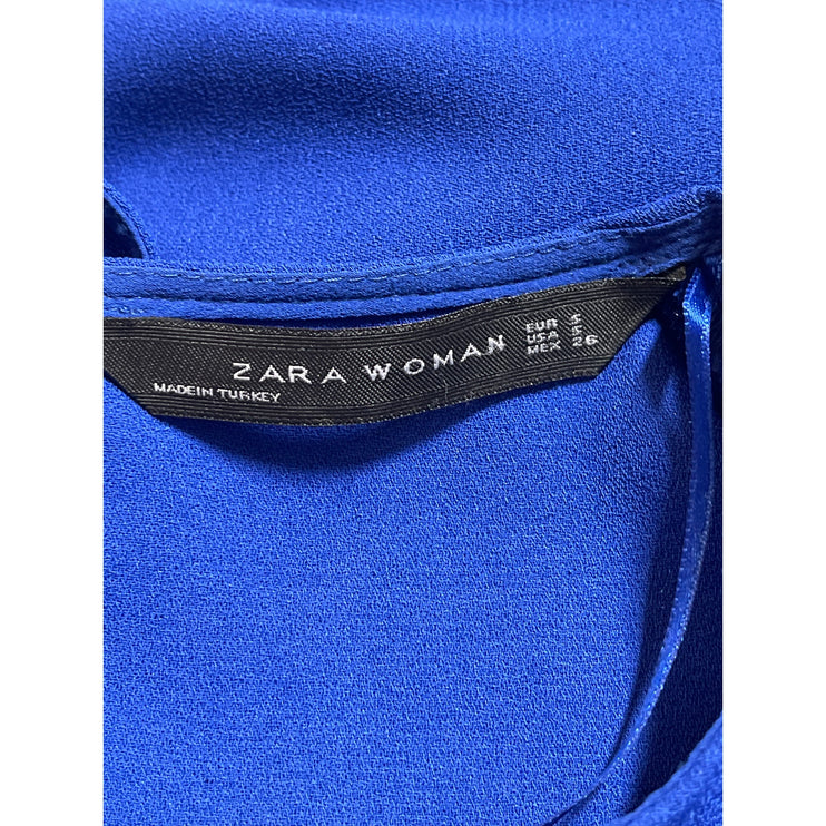 Zara Women's Blue Short Ruffle Flutter Sleeve Round Neck Pleated Blouse Top Sz S