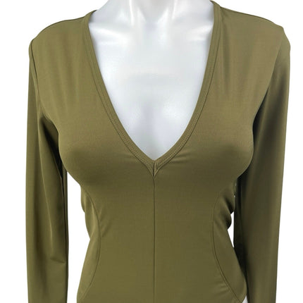 Free People Intimately Women Green Long Sleeve Deep V Thong Bodysuit Top Size S