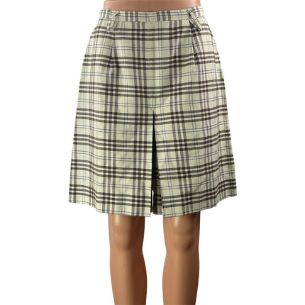 Women's Cream Brown Plaid Check Pleated Slit Culottes Knee Length A-line Skirt S