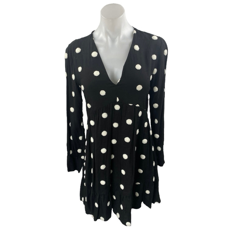 Zara Black Embroidered Polka Dot V-Neck Long Sleeve Mini A-Line Dress Size XS