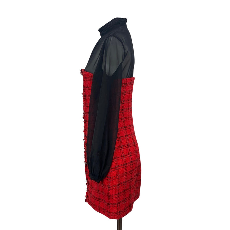 Zara Red Black Mesh Long Sleeve Tweed Mock Neck Plaid Button Mini A Line Dress M