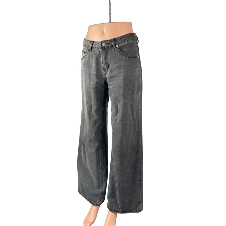 Edikted Women's Black Washed Mid Rise Wide Leg Baggy Palazzo Denim Jeans Size S