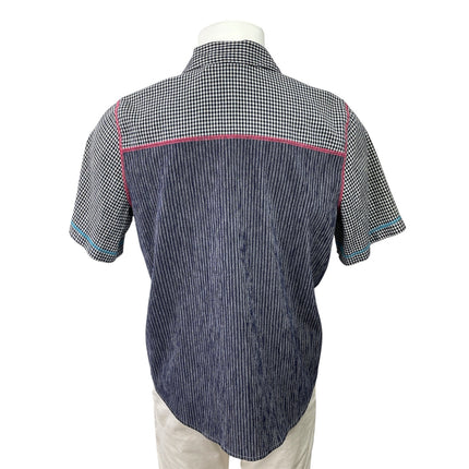 Koret Men Blue Gingham Check Patchwork Short Sleeve Button Down Shirt Top Size L