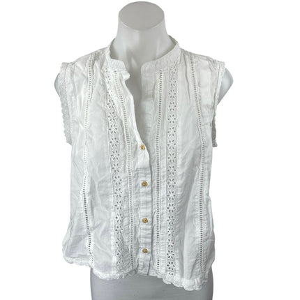 Zara Women's White Sleeveless Eyelet Embroidered Button Down Blouse Tank Top L