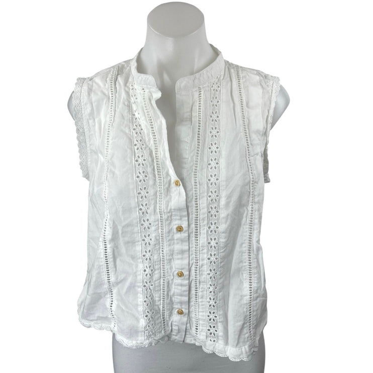Zara Women's White Sleeveless Eyelet Embroidered Button Down Blouse Tank Top L