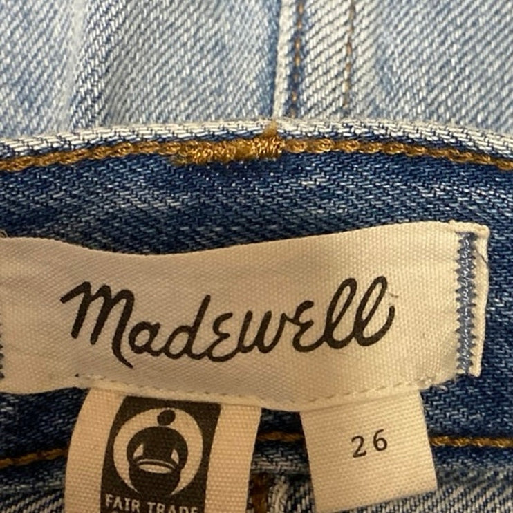Madewell Women Blue Medium Wash Raw Hem Frayed Pencil Denim Jean Skirt Size 26