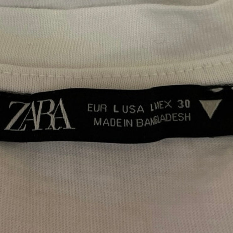 Zara White Crew Neck Elastic Hem Pullover Short Sleeve Crop Tee Blouse Top Sz L