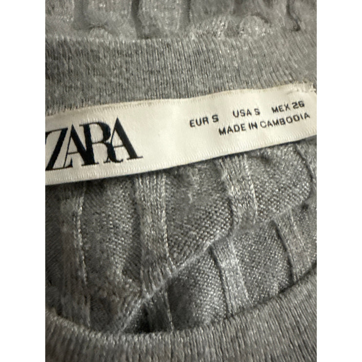 Zara Women's Gray Cable Knit Crew Neck Long Sleeve Slim Sweatshirt Sweater Top S