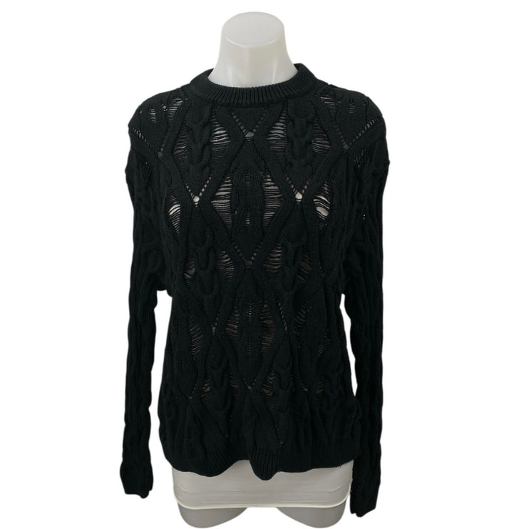 Zara Womens Black Long Sleeve Cable Knit Semi Sheer Crew Neck Sweater Top Size M
