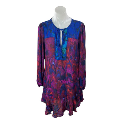 BCBGMAXAZRIA Purple Long Sleeve Abstract Tie Neck Boho Ruffle Mini Dress Size S