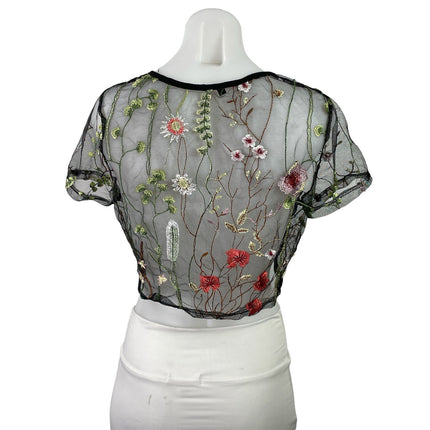 Women's Black Mesh Sheer Floral Embroidered Crew Short Sleeve Crop Top Size L