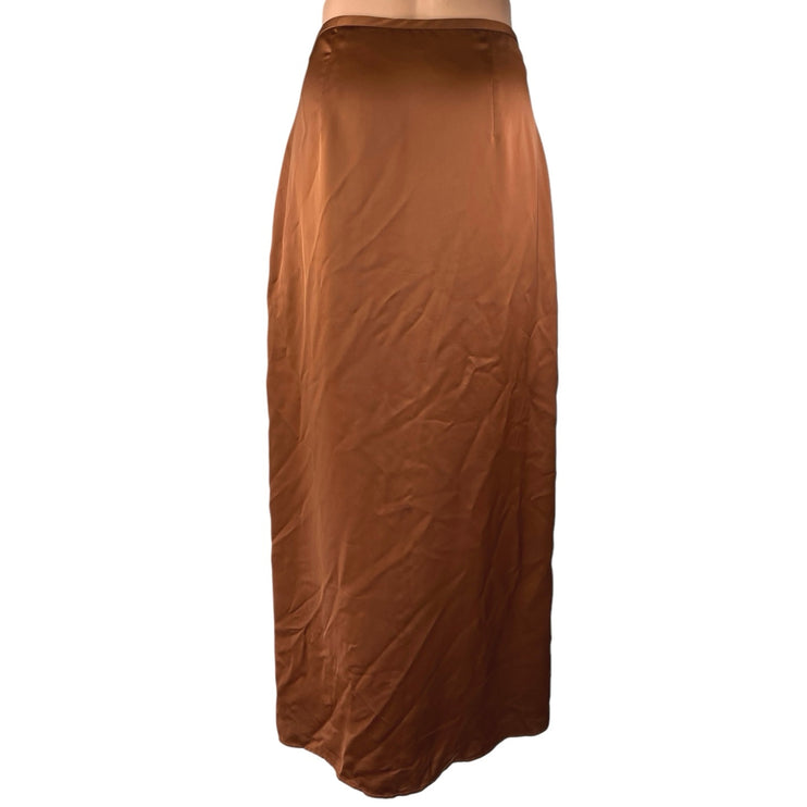 Club Monaco Brown Silk Satin High Waisted Slit Full Straight Maxi Slip Skirt 8