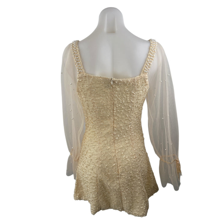 Ailunma Women's Beige Cream Long Sleeve Mesh Beaded A Line Mini Dress Size S