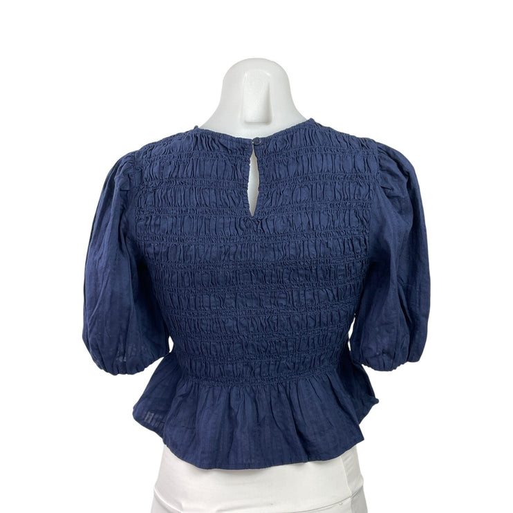 Old Navy Women's Navy Blue Short Puff Sleeve Smocked Peplum Blouse Top Size XS