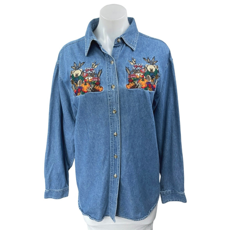 Bobbie Brooks Women’s Blue Teddy Pumpkin Embroidered Button Up Denim Shirt Top L