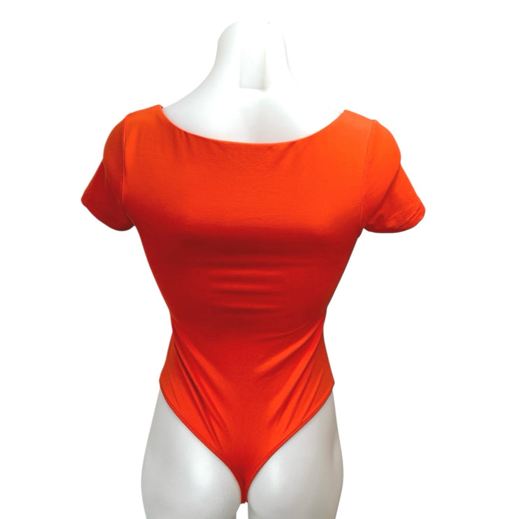 House Of Harlow 1960 Women's Red Orange Short Sleeve Square Neck Bodysuit Top XS