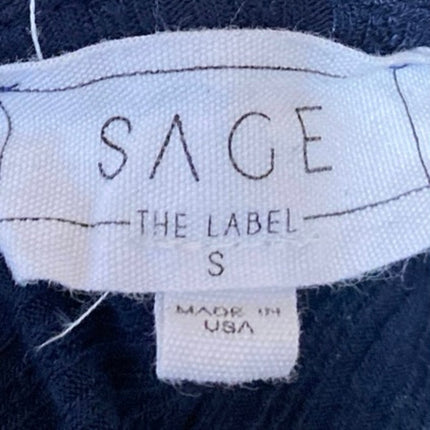 Sage The Label Blue Rib Knit Short Puff Sleeve Tie Neck Cutout Bodysuit Top Sz S