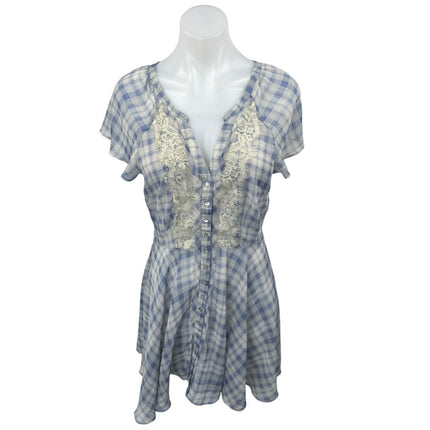 Urban Outfitters Kimchi Blue Plaid Check Lace Short Sleeve Button Shirt Dress M