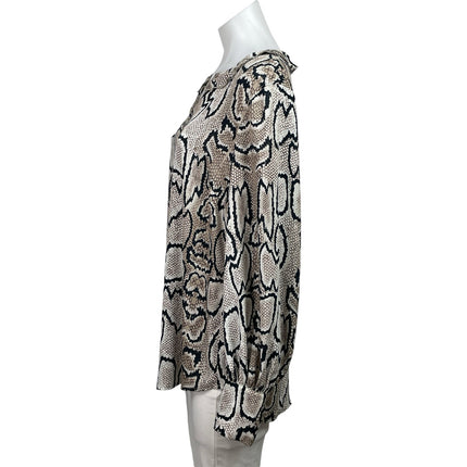 Cabi Beige Black Long Sleeve Snakeskin Print Ruffle Collar V-neck Blouse Top M