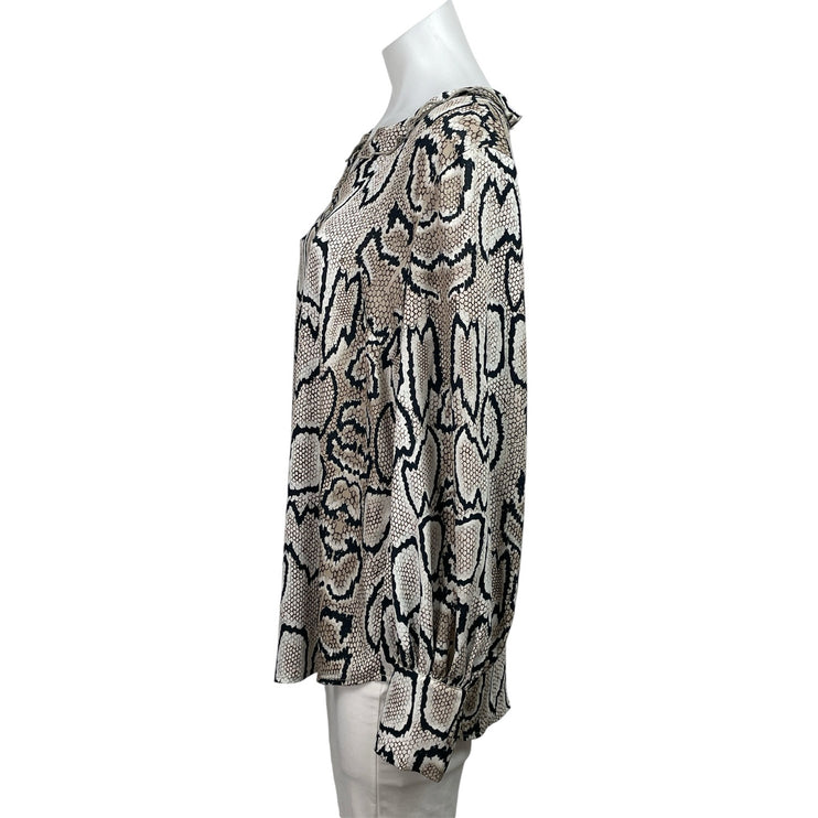 Cabi Beige Black Long Sleeve Snakeskin Print Ruffle Collar V-neck Blouse Top M