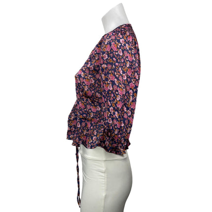MNG Mango Pink Floral 3/4 Puff Sleeve V Neck Tie Cropped Blouse Top Size 2