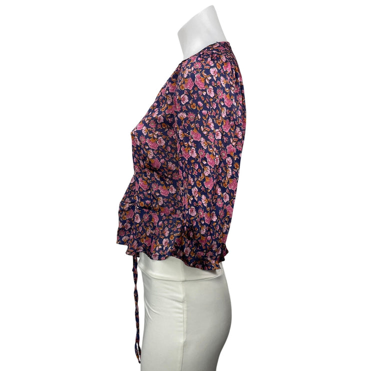 MNG Mango Pink Floral 3/4 Puff Sleeve V Neck Tie Cropped Blouse Top Size 2