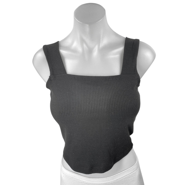 Aqua Women's Black Rib Knit Sleeveless Square Neck Cami Camisole Crop Tank Top S