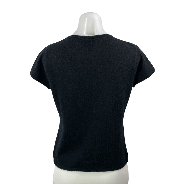 Qi 100% Cashmere Women's Black Short Sleeves Crewneck Basic Tee T-shirt Top Sz M