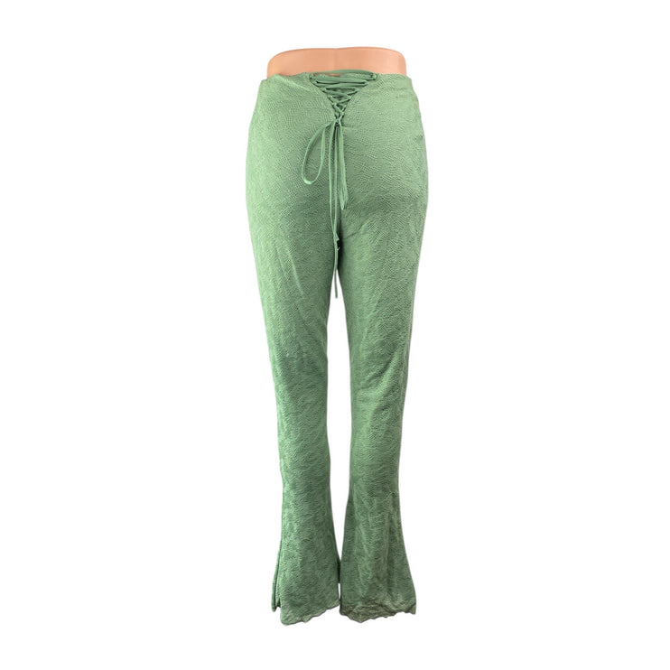 Oh Polly Women's Green High Rise Lace Up Back Flare Bootcut Bell Bottom Pants 4