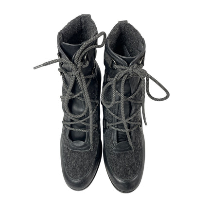 Napoleoni Black Leather Wool Lace Up Round Toe Block Heel Ankle Combat Boots 7