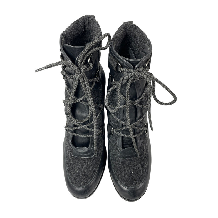 Napoleoni Black Leather Wool Lace Up Round Toe Block Heel Ankle Combat Boots 7