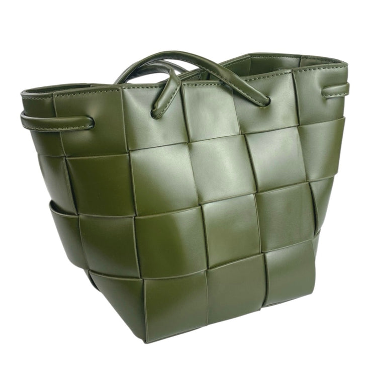 NEW Anthropologie Women's Green Woven Faux Vegan Leather Crossbody Bucket Bag