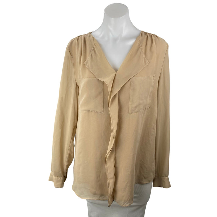 Calvin Klein Women's Beige Sheer Ruffled V Neck Long Sleeve Office Blouse Top M