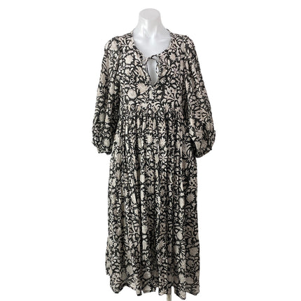 Daughters of India Kyra Pepper Black White 3/4 Puff Sleeves Floral Maxi Dress M
