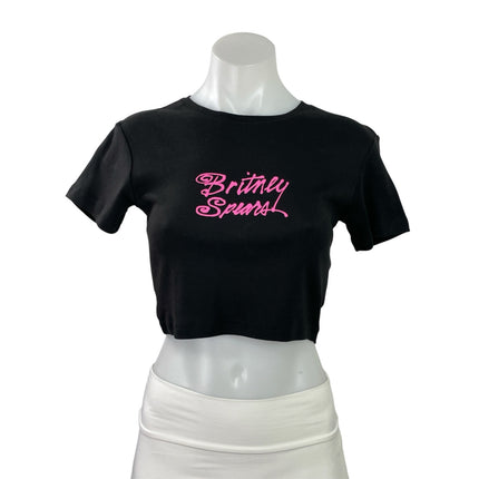 Britney Spears Black Short Sleeve Signature Babydoll Crop Tee T-Shirt Top Size S