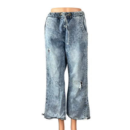 One Teaspoon Women's Studded Distressed High Rise Wide Leg Denim Jeans Pants XS