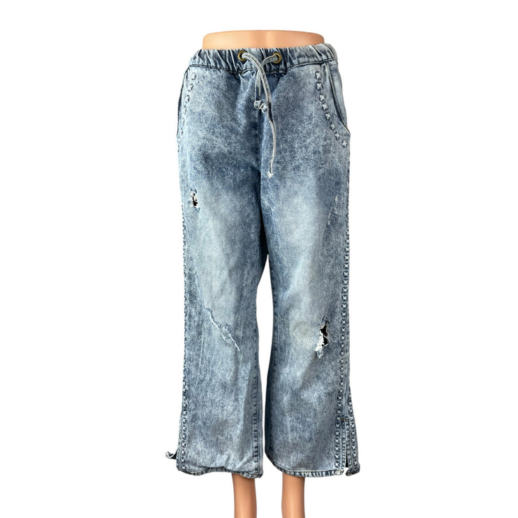 One Teaspoon Women's Studded Distressed High Rise Wide Leg Denim Jeans Pants XS