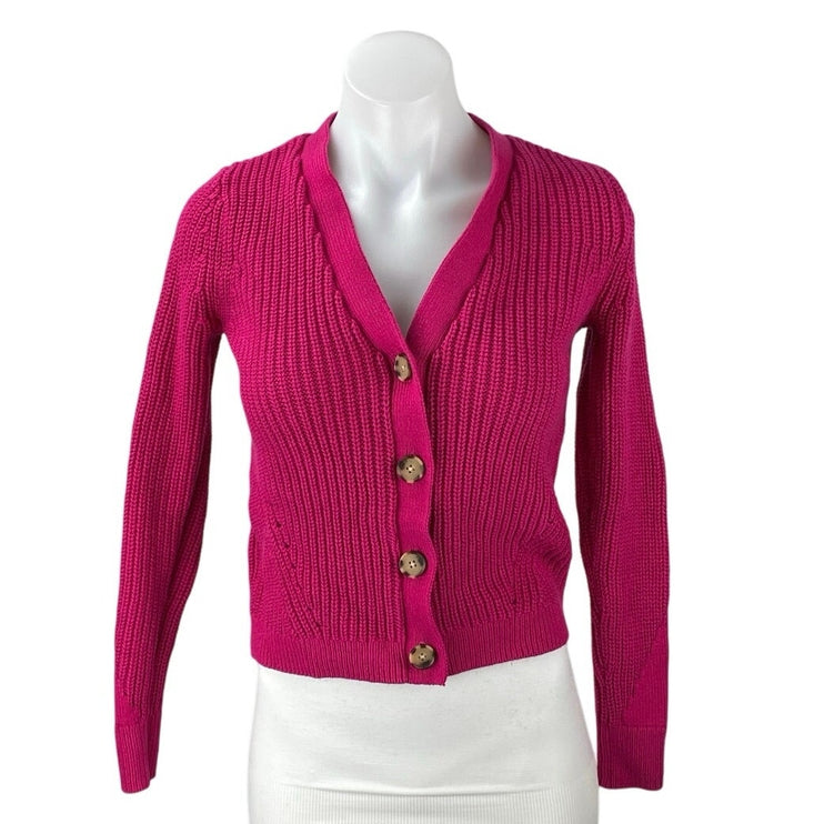 LOFT Women's Pink Chucky Knit Button V-neck Long Sleeve Crop Cardigan Sweater XS