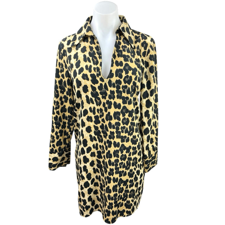 Zara Multicolor Leopard Animal Print V-neck Long Sleeve Collar Shift Dress Sz S