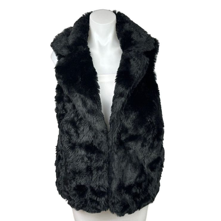 Forever 21 Black Acrylic Polyester Fuzzy Soft Faux Fur Sleeveless Pocket Lapel Collar Casual Travel Party Cocktail Winter Vest Jacket Size S