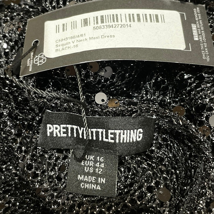 NEW PrettyLittleThing Black Sequin V Neck Sheer Cami Tank Maxi Dress Size 12
