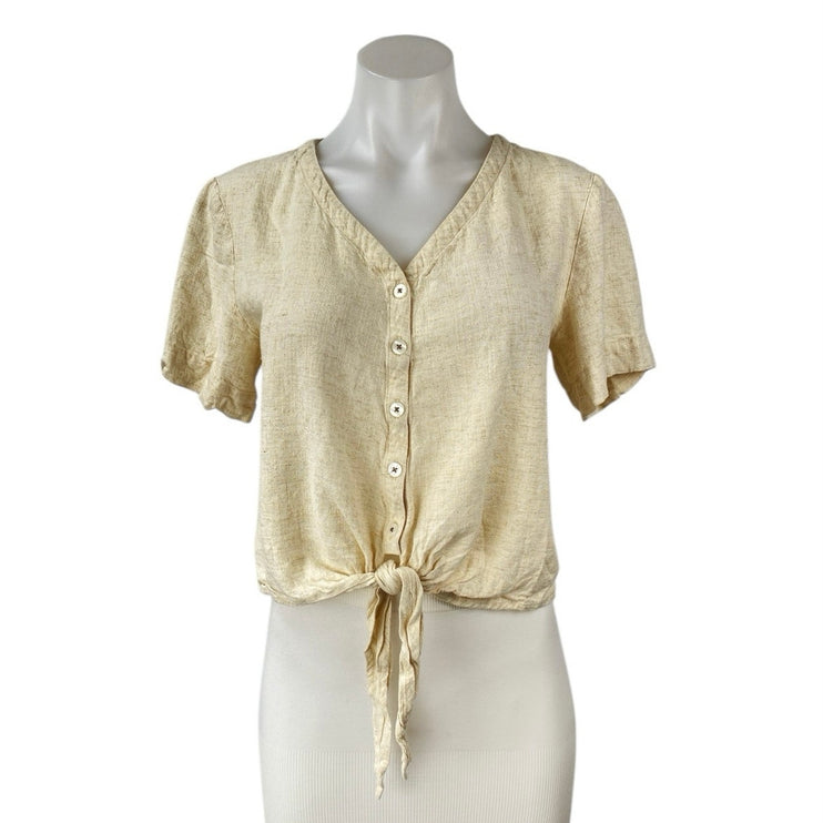 Lilla P Women Yellow Linen Short Sleeve V Neck Button Up Tie Hem Blouse Top Sz S