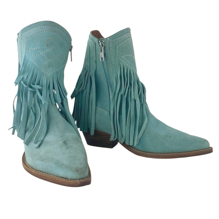 Free People Lawless Fringe Blue Suede Pointed Toe Zip Western Boots Booties Sz 6