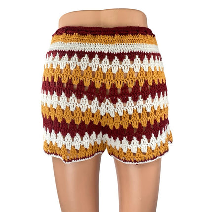 Women's Red Multicolor Striped Crochet Knit High Rise Boho Mini Shorts Size L